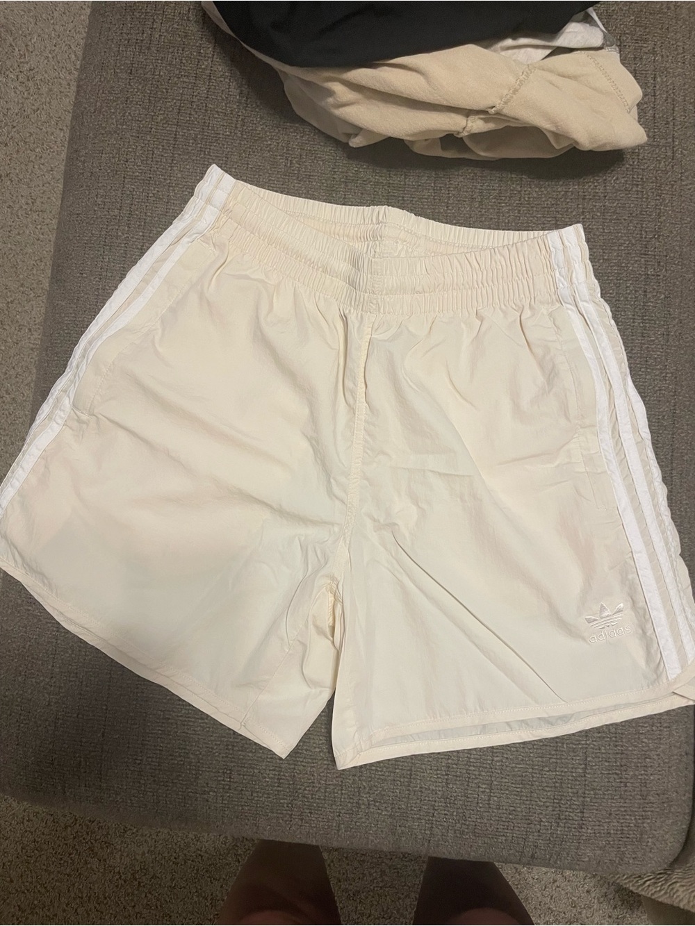adidas Cream-White Three-Stripe Athletic Shorts